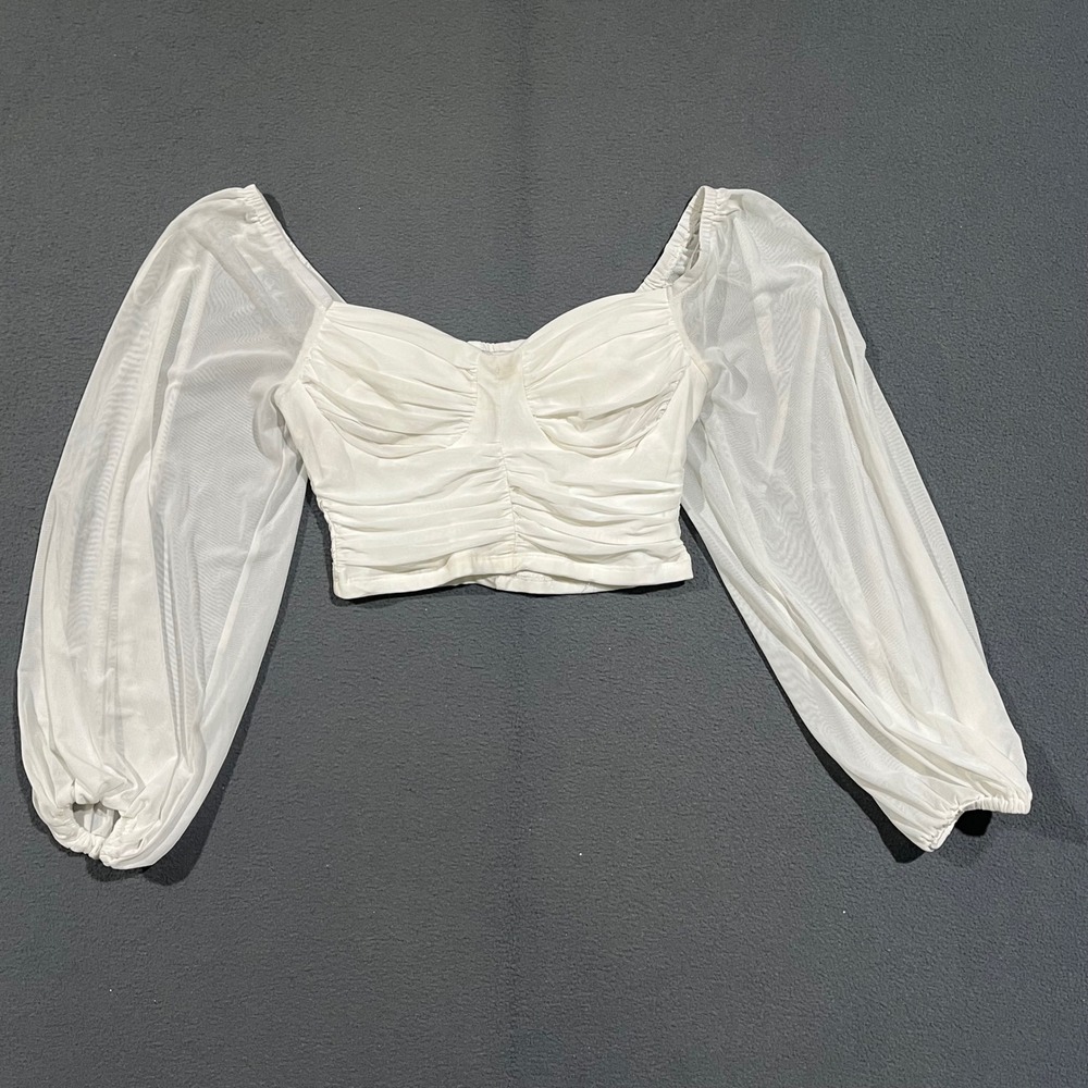 Petal + Pup Crop Top Women Size 8 White Ruched Mesh Long Balloon Sleeve Romantic